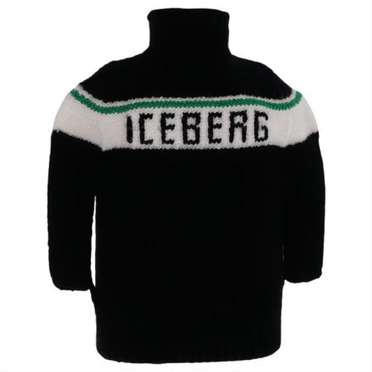 Stylish black knit turtleneck sweater featuring a bold white "ICEBERG" logo and a vibrant green stripe. Perfect for cool weather.
