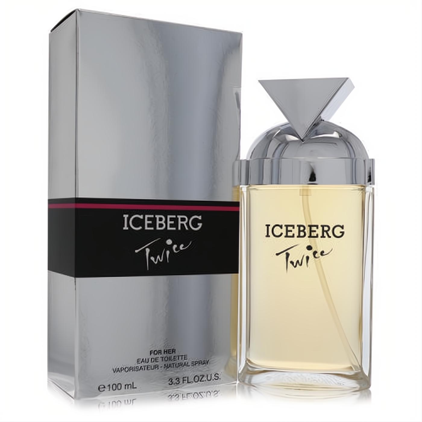 Iceberg Twice women's 100ml EDT. Radiant amber fragrance in a sleek clear bottle with a distinctive silver geometric cap and elegant silver box.