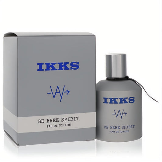 Captivating Ikks Be Free Spirit men's Eau De Toilette. Sleek matte gray bottle, silver cap, matching box, bold blue logo.