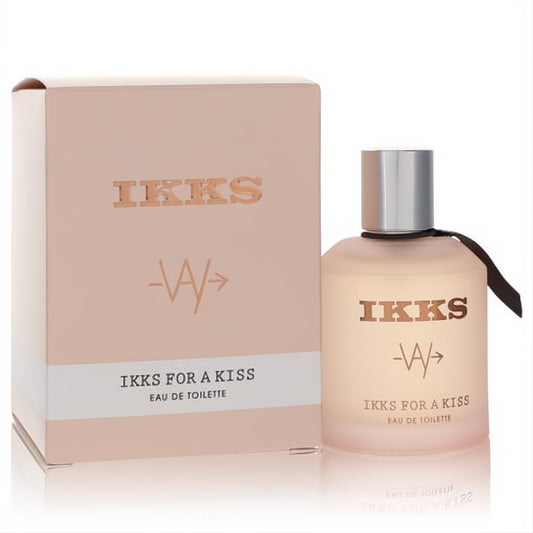 Ikks For A Kiss 1.69 oz Eau De Toilette. Chic frosted pink bottle with sleek silver cap and elegant black ribbon.