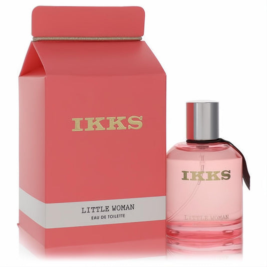 Ikks Little Woman 1.69 oz EDT: captivating pink fragrance in a sleek glass bottle, paired with its unique coral milk carton box.