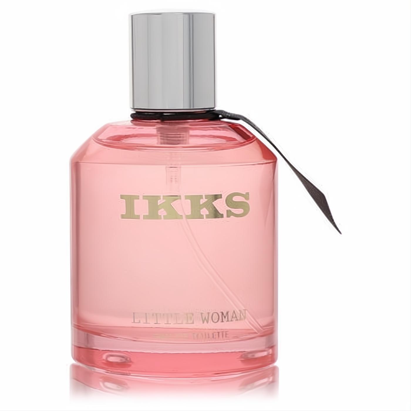 Ikks Little Woman women's fragrance: clear glass bottle with vibrant pink liquid, silver cap, gold logo, and black ribbon detail.