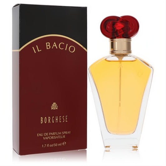 Il Bacio Borghese 1.7 oz EDP. Clear geometric bottle with a vibrant red heart cap, beside its elegant red and black box.