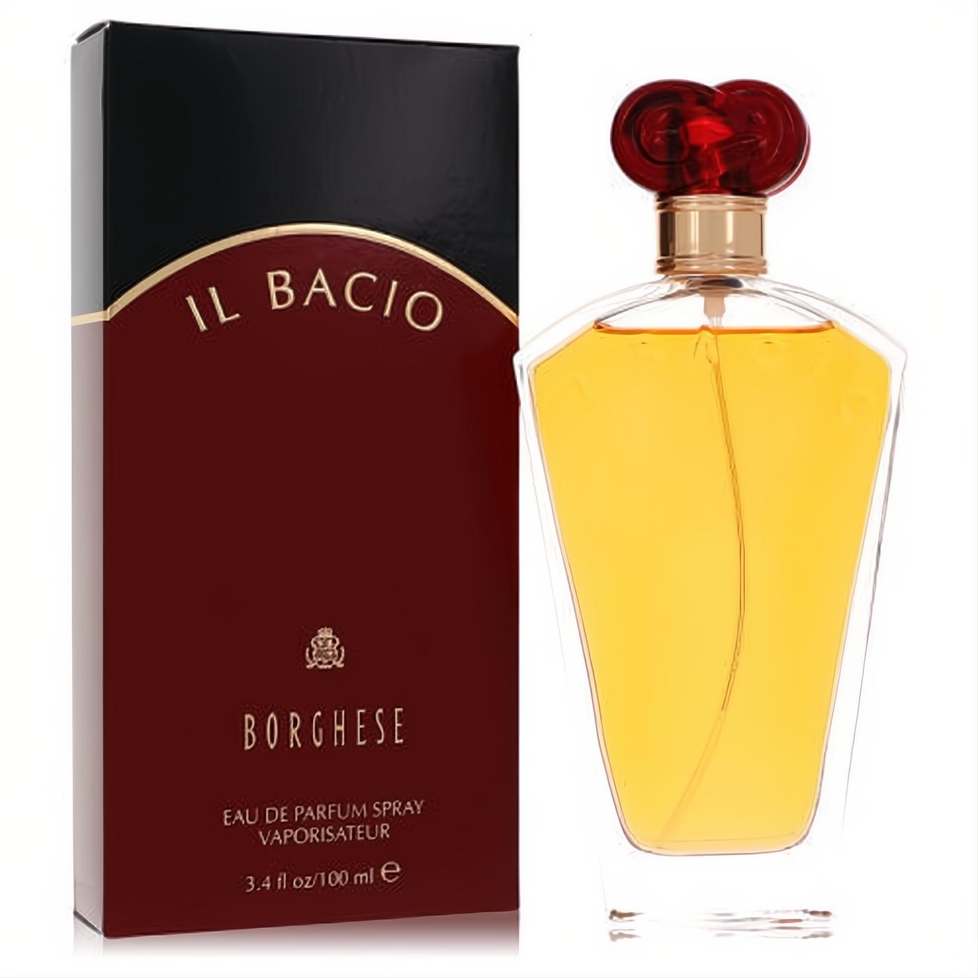 Il Bacio by Borghese 3.4 oz EDP. Elegant clear bottle with golden fragrance, unique red heart cap, and luxurious red & black box.