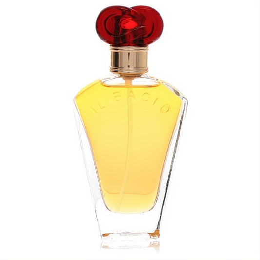 Marcella Borghese Il Bacio women's 1.7 oz EDP. Golden perfume in a clear bottle with a unique red intertwined cap.