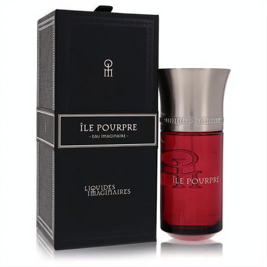 Striking red glass Île Pourpre Eau De Parfum bottle with a flared silver cap, elegantly paired with its black box.