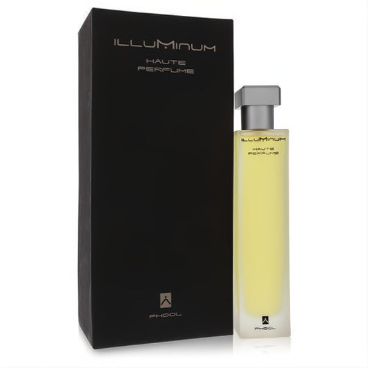 Experience Illuminum Phool 3.4 oz EDP. Sleek clear bottle with golden liquid, silver cap, and elegant black box.