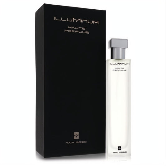 Illuminum Taif Rose Eau De Parfum spray: elegant clear bottle with silver cap, presented with its sophisticated matte black box.