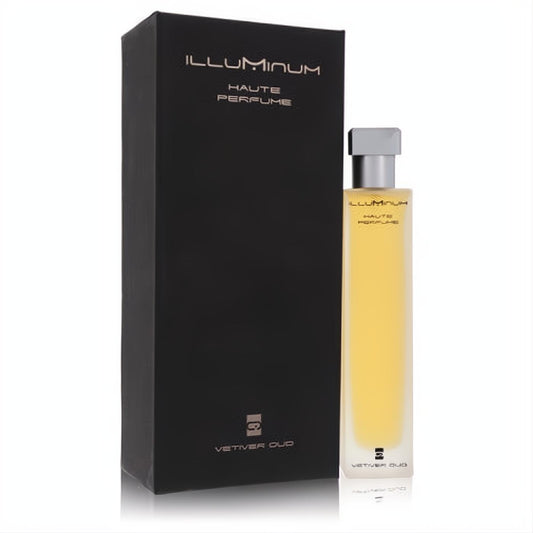 Illuminum Vetiver Oud 3.4 oz EDP. Sophisticated black box and sleek glass bottle with rich amber fragrance, silver cap.