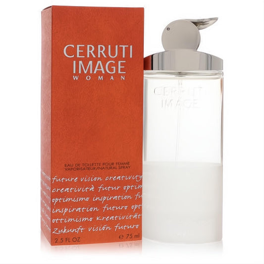 Cerruti Image Woman 2.5 oz EDT. Sleek clear glass bottle with distinctive silver cap, alongside a vibrant orange textured box.