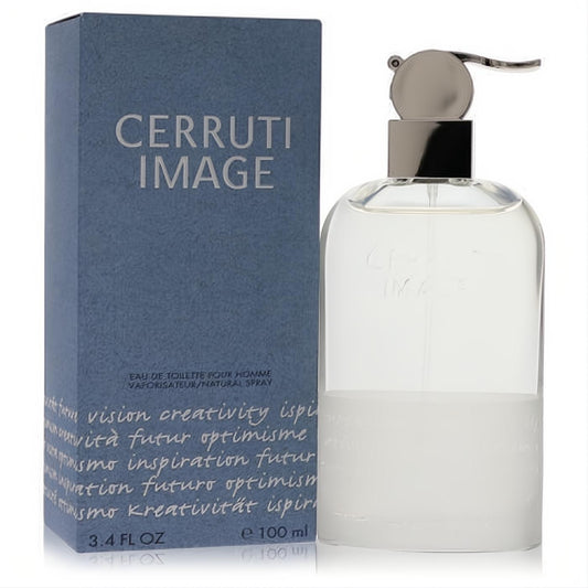 Cerruti Image men's 3.4 oz EDT spray. Modern clear glass bottle with frosted white base, silver pump, and stylish blue-grey box.