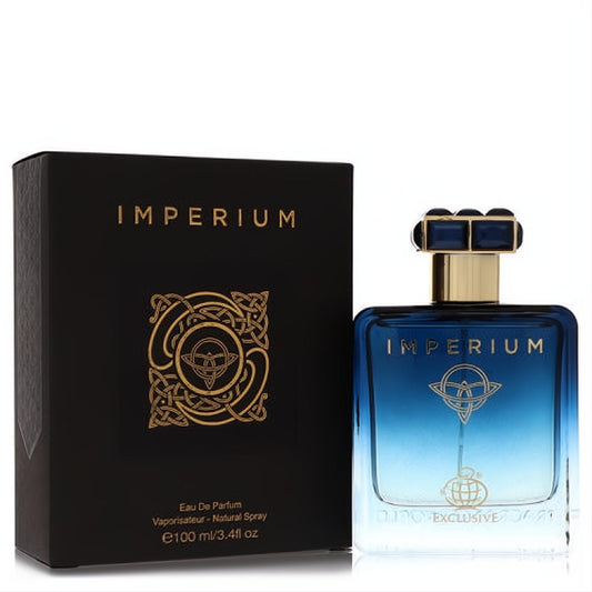 Luxurious Imperium unisex Eau De Parfum, 3.4 oz. Features a striking blue ombre bottle with a gold Celtic knot design and a sophisticated black box.