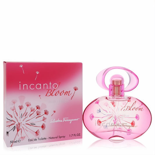 Captivating Incanto Bloom 1.7 oz EDT in a pink bottle with delicate dandelion art and a stylish loop cap, next to its vibrant box.