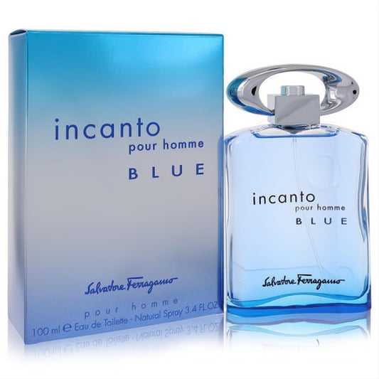 Incanto Blue by Salvatore Ferragamo 3.4 oz men's EDT. Sleek light blue glass bottle with a distinctive silver cap, paired with its elegant gradient blue box.