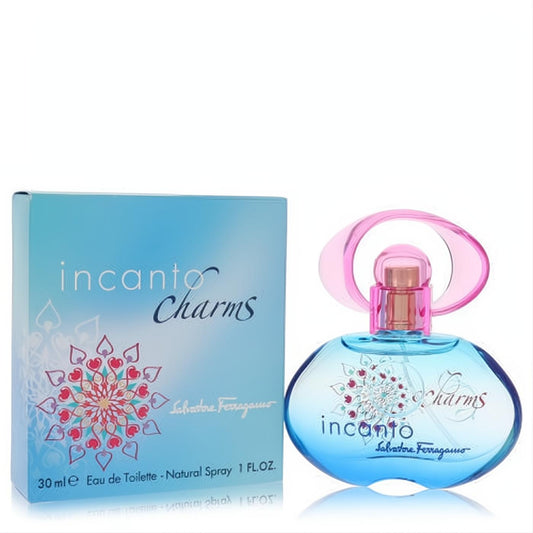 Salvatore Ferragamo Incanto Charms 1 oz EDT. Captivating blue bottle, unique pink cap, and aqua box with a vibrant floral design.