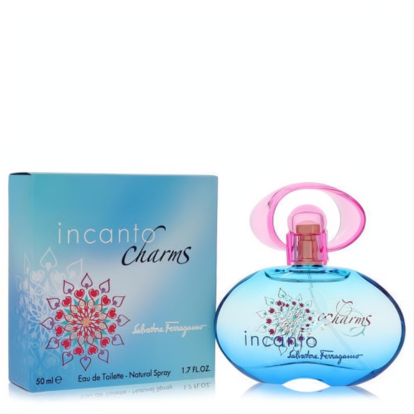Incanto Charms by Salvatore Ferragamo 1.7 oz EDT spray. Captivating light blue bottle with a unique pink cap and charming heart-floral design.