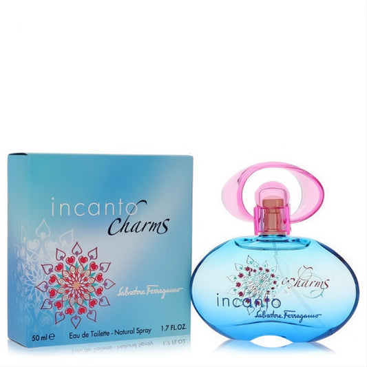 Incanto Charms by Salvatore Ferragamo 1.7 oz EDT spray. Captivating light blue bottle with a unique pink cap and charming heart-floral design.