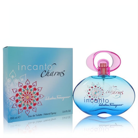 Incanto Charms Salvatore Ferragamo 3.4 oz EDT. Vibrant blue bottle with pink swirl cap and charming floral box.