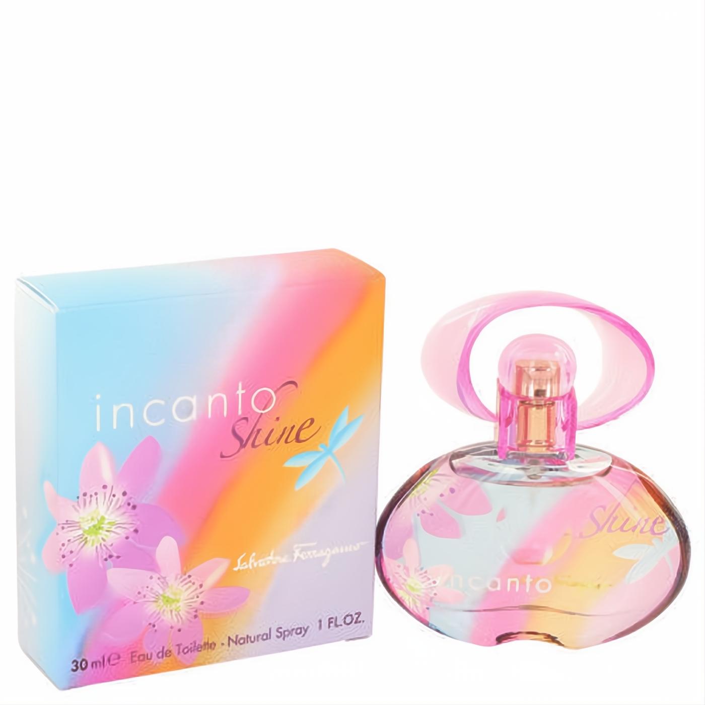 Experience Incanto Shine 1 oz EDT by Salvatore Ferragamo. Vibrant pink, orange, blue gradient bottle with floral design and matching box.
