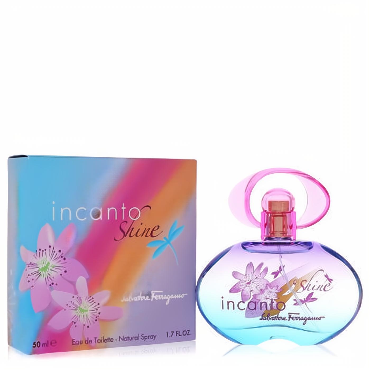 Incanto Shine Salvatore Ferragamo women's 1.7 oz EDT. Captivating blue-purple bottle with floral design and vibrant multi-color box.