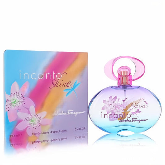 Incanto Shine Salvatore Ferragamo 3.4 oz EDT. Vibrant blue-pink bottle with floral art and unique pink cap, for a radiant fragrance.