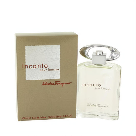 Salvatore Ferragamo Incanto pour homme 3.4 oz EDT. Masculine fragrance in a clear glass bottle with a modern silver cap and elegant gold box.