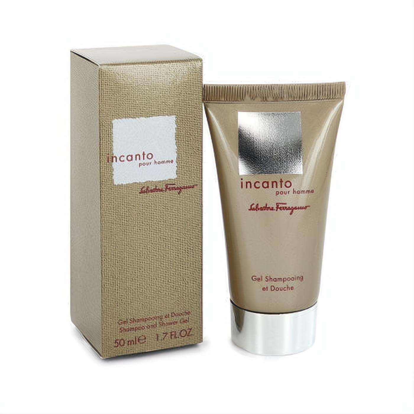 Incanto pour homme 1.7 oz shower gel by Salvatore Ferragamo. Elegant golden tube with silver cap and matching textured box.