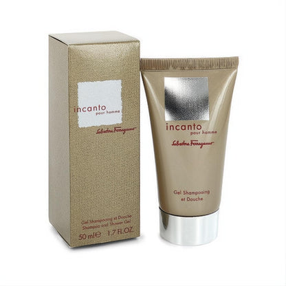 Incanto pour homme 1.7 oz shower gel by Salvatore Ferragamo. Elegant golden tube with silver cap and matching textured box.