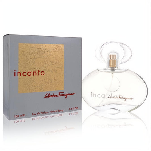 Incanto Salvatore Ferragamo 3.4 oz EDP. Elegant clear glass bottle with a unique swirling cap and a sophisticated silver-gold box.