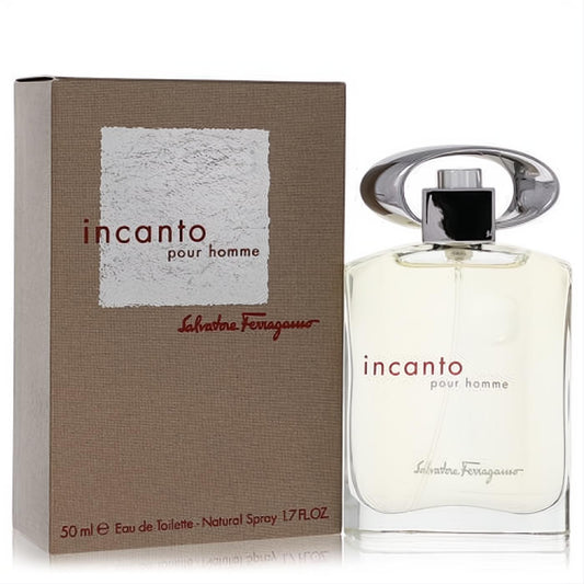 Incanto pour homme by Salvatore Ferragamo 1.7 oz EDT. Clear bottle with sleek silver cap, beside its elegant brown box.