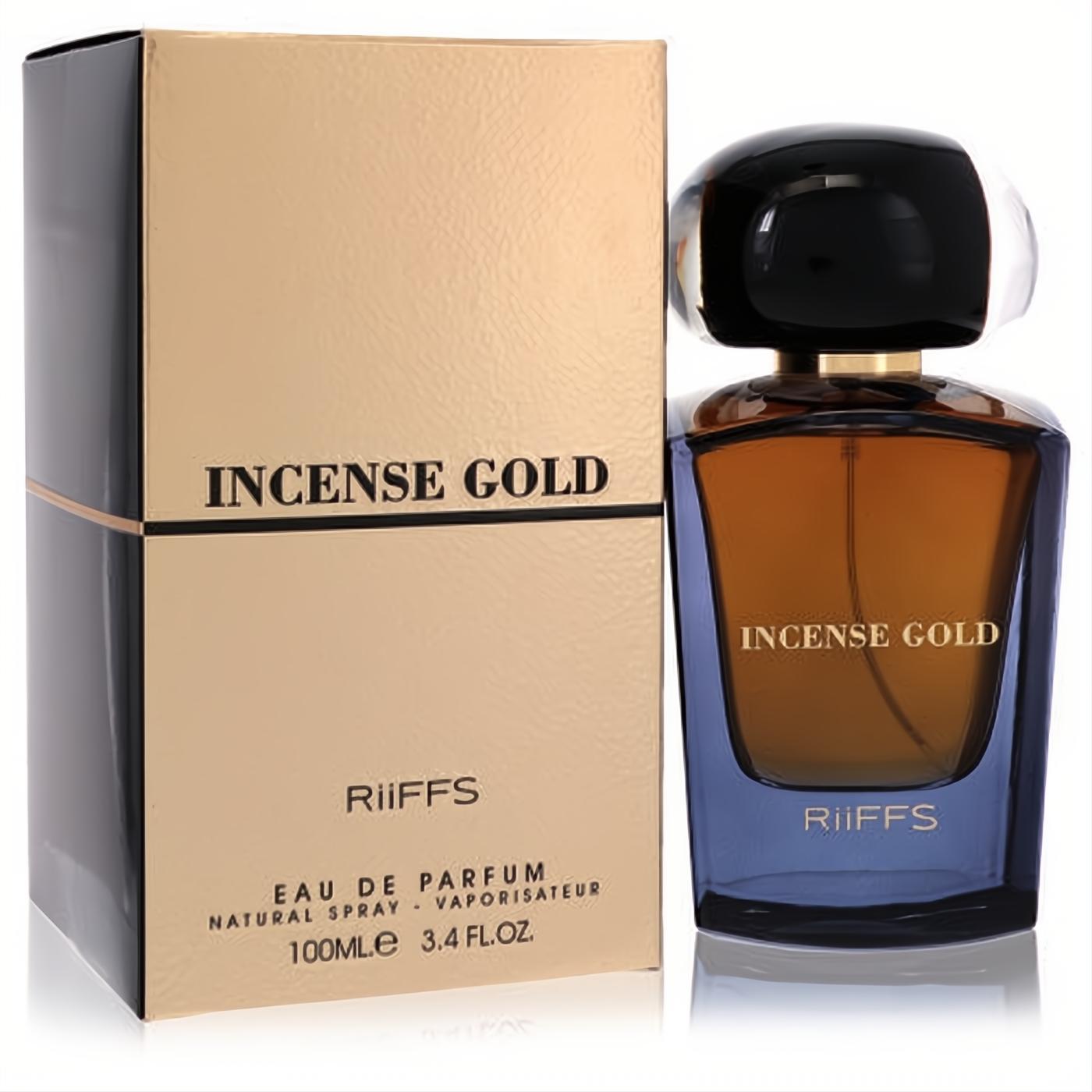 Incense Gold Riiffs 3.4 oz unisex perfume. Elegant blue glass bottle with amber liquid, sleek black cap, and luxurious gold box.