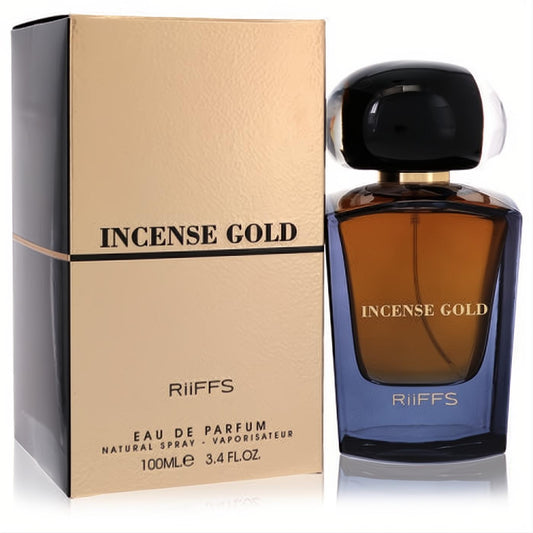 Incense Gold Riiffs 3.4 oz unisex perfume. Elegant blue glass bottle with amber liquid, sleek black cap, and luxurious gold box.