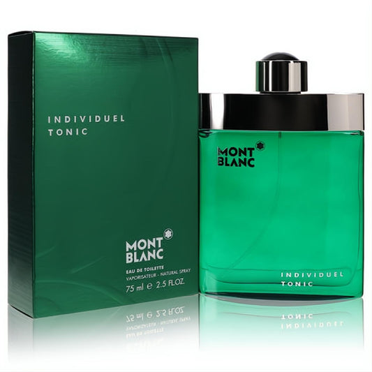 Elevate your scent with Mont Blanc Individuel Tonic 2.5 oz men's EDT. Sleek green glass bottle, silver cap, and matching box.
