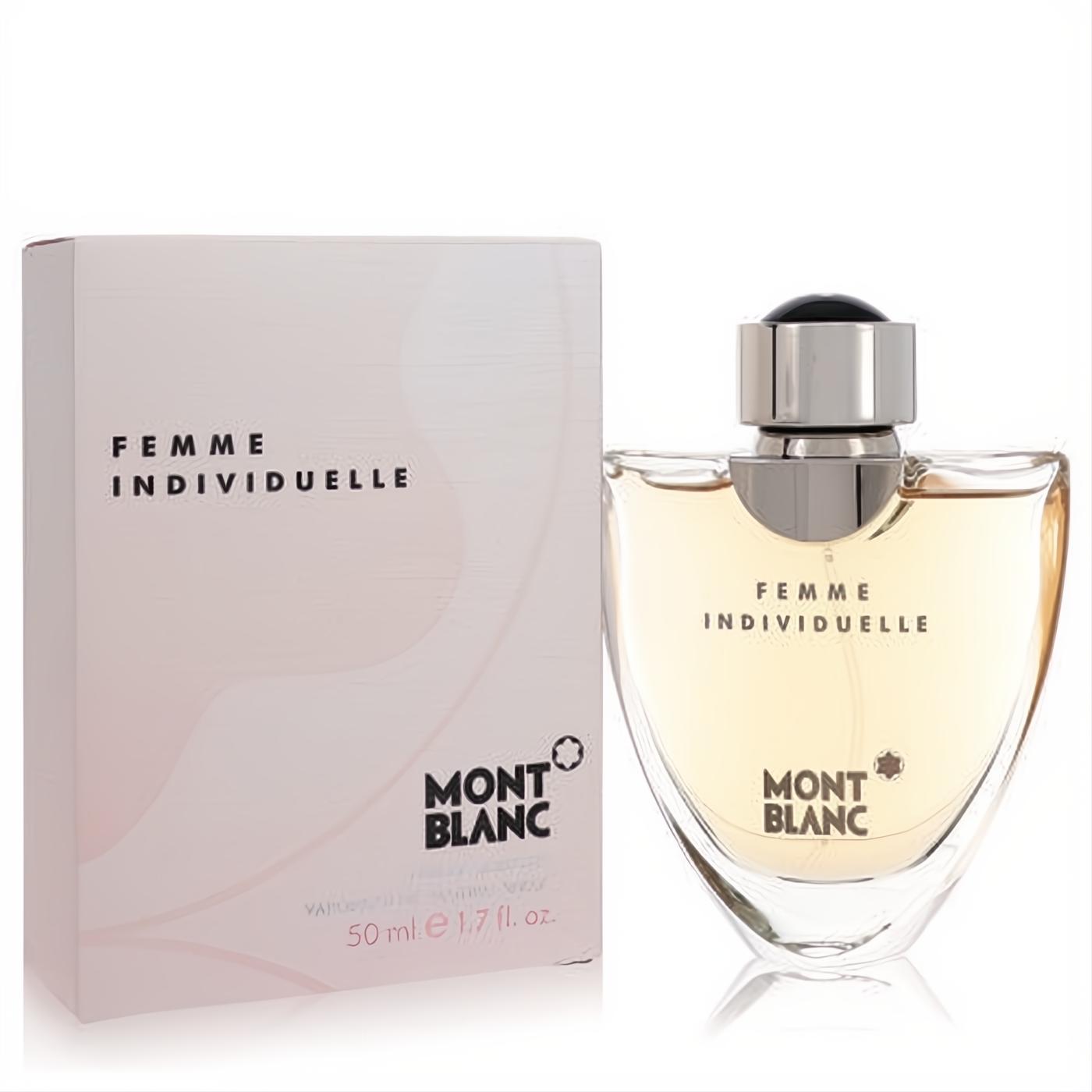 Experience Mont Blanc Individuelle 1.7 oz Eau De Toilette. Elegant curved glass bottle with golden fragrance, silver cap, and chic pink box.