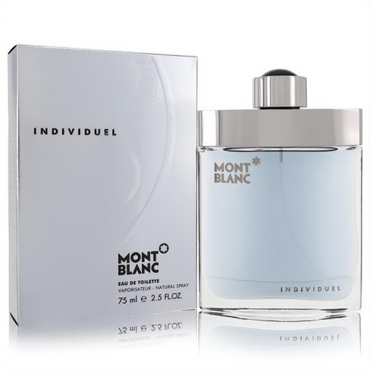 Mont Blanc Individuelle men's 2.5 oz EDT. Clear bottle with light blue fragrance, sleek silver cap, and matching box.