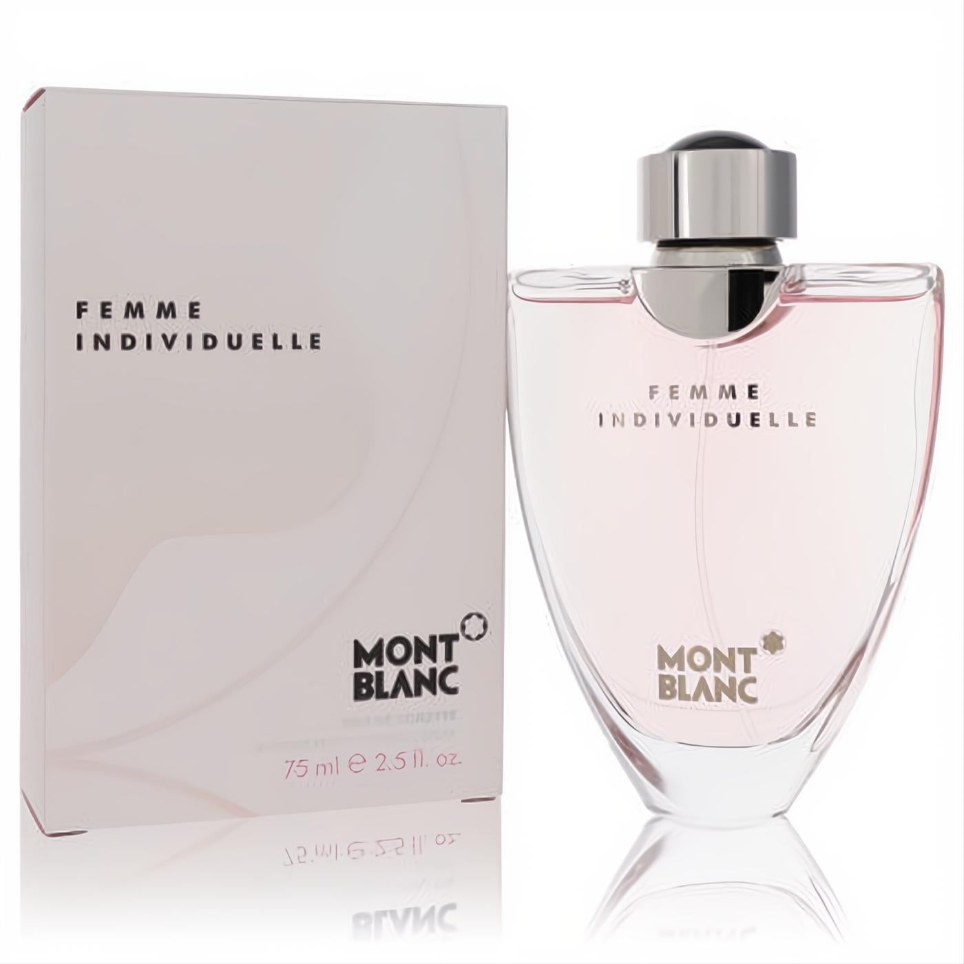 Mont Blanc Individuelle Femme 2.5 oz EDT. Distinctive pink glass perfume bottle with sleek silver cap and elegant matching box.