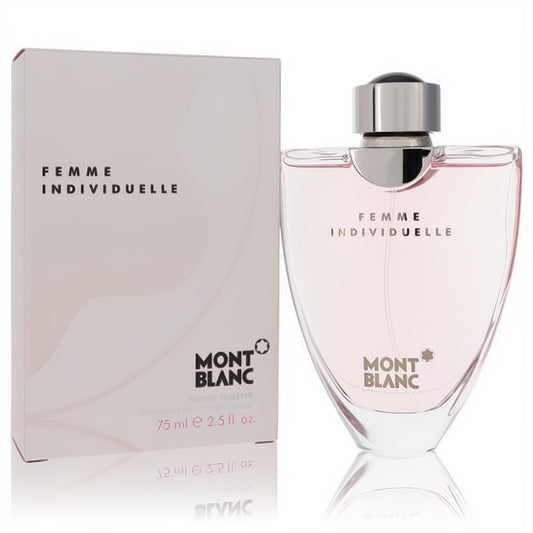Mont Blanc Individuelle Femme 2.5 oz EDT. Distinctive pink glass perfume bottle with sleek silver cap and elegant matching box.