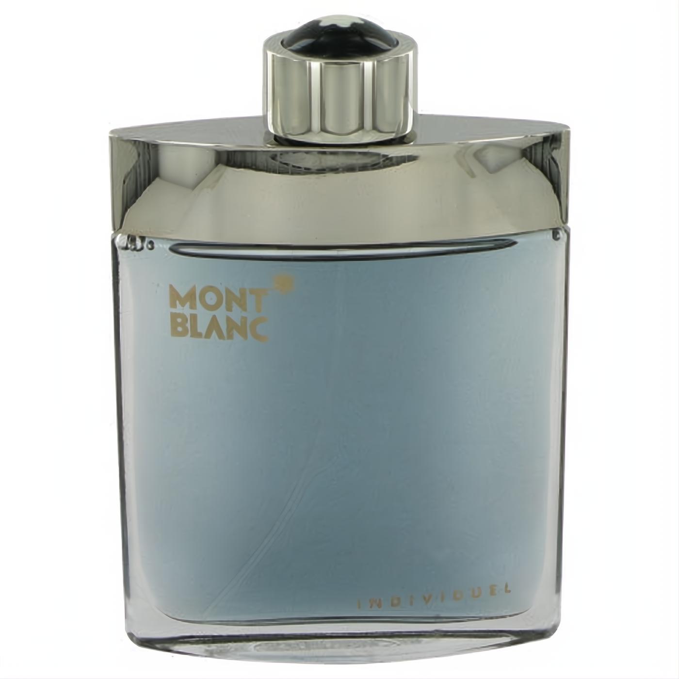 Mont Blanc Individuelle men's EDT tester. Elegant clear glass bottle, refreshing blue fragrance, sleek silver cap.