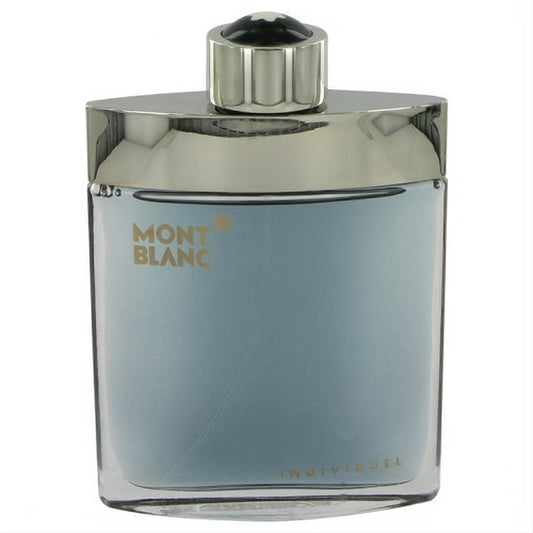 Mont Blanc Individuelle men's EDT tester. Elegant clear glass bottle, refreshing blue fragrance, sleek silver cap.