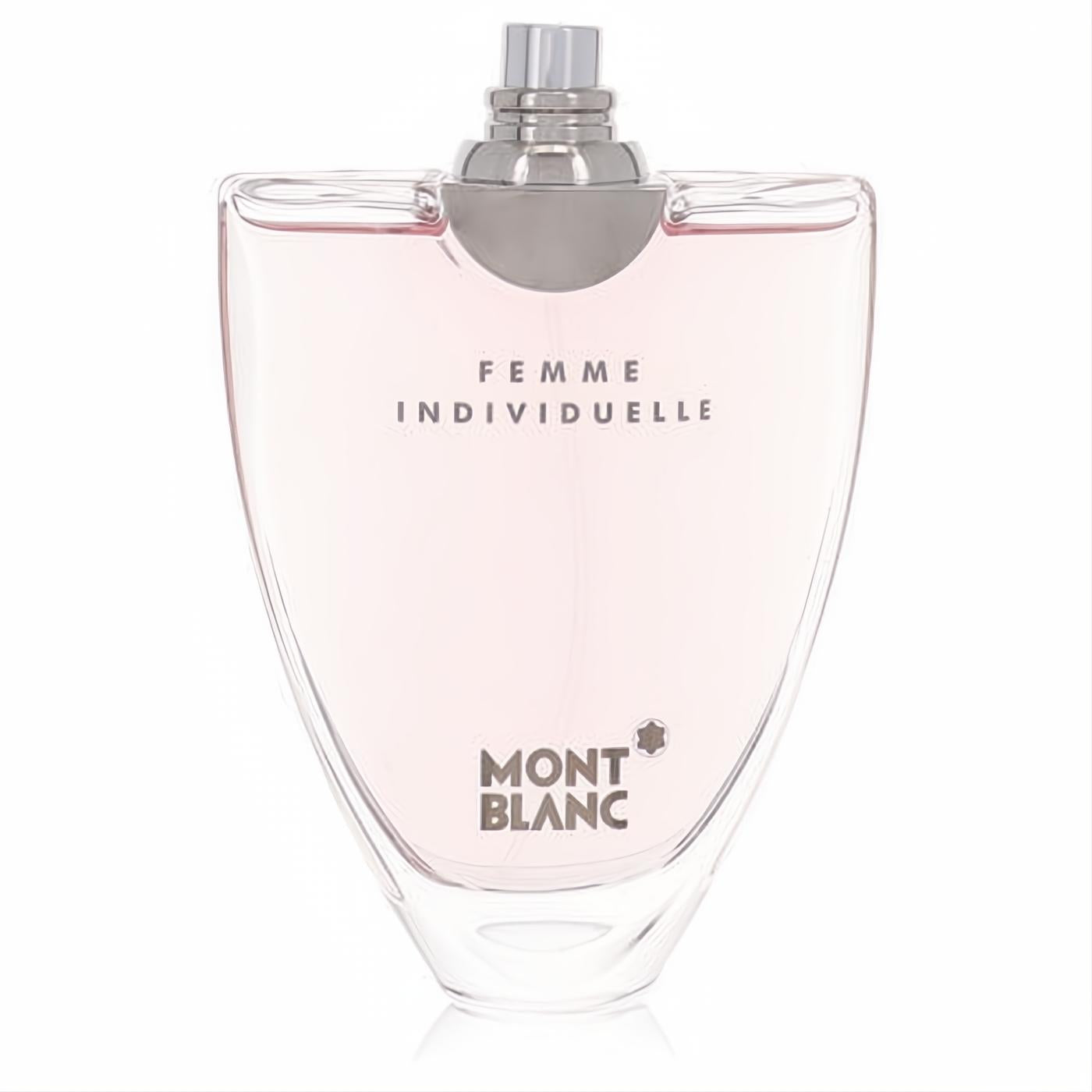 Mont Blanc Individuelle Femme 2.5 oz EDT tester. Distinctive pink glass bottle with a sleek silver cap.