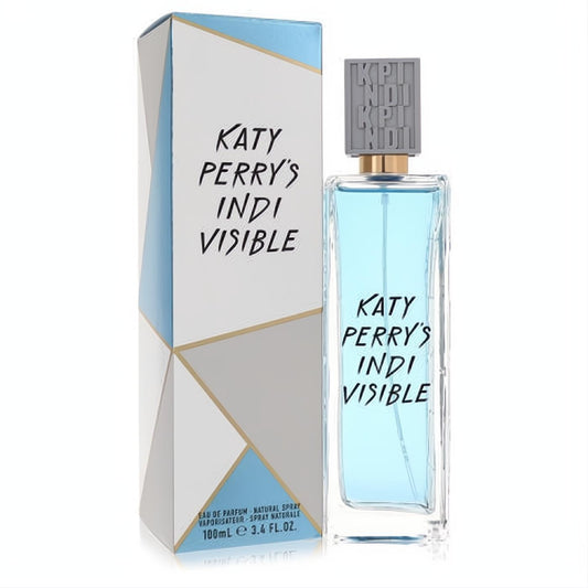 Katy Perry's Indi Visible 3.4 oz Eau de Parfum. Elegant clear bottle with vibrant blue fragrance, unique gray cap, and stylish geometric box.