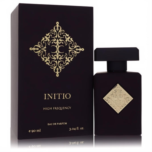 Luxurious Initio High Frequency 3.04 oz unisex EDP. Elegant dark purple bottle with a striking gold emblem, presented with its matching box.