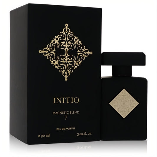 Sleek Initio Magnetic Blend 7 Unisex Eau De Parfum, 3.04 oz. Black bottle with gold ornate plaque and matching black box.