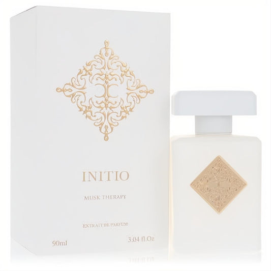Luxurious Initio Musk Therapy 3.04 oz unisex extrait de parfum. Frosted white bottle, gold emblem, elegant white box.