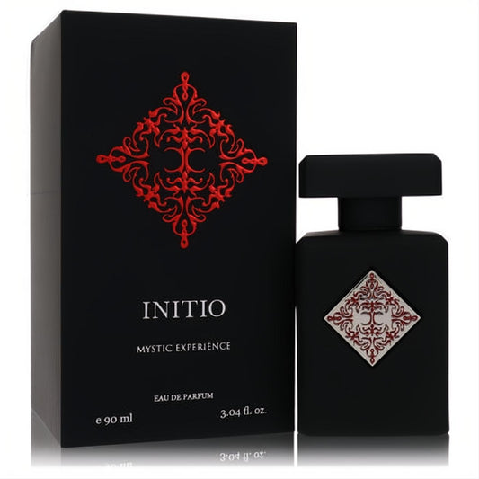 Elegant black Initio Mystic Experience 3.04 oz Eau De Parfum bottle and box, adorned with a captivating red intricate logo.