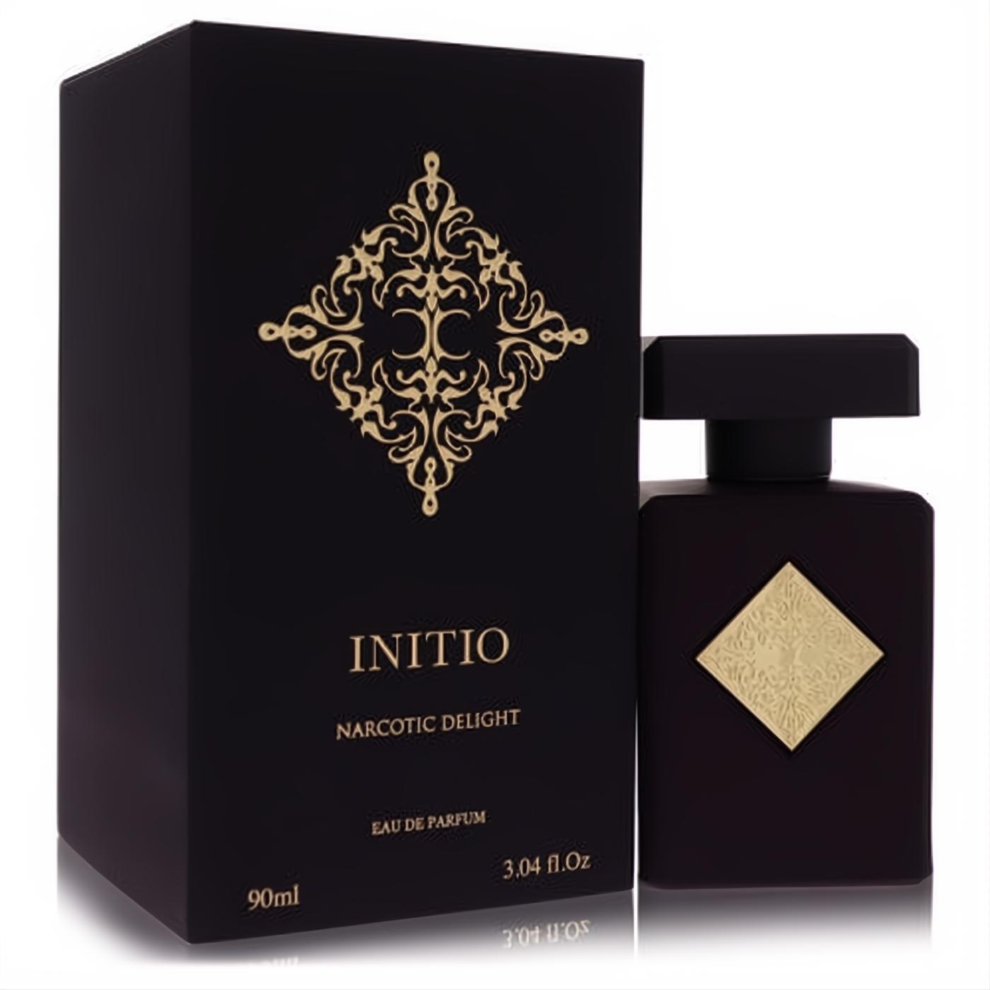 Initio Narcotic Delight 3.04 oz unisex EDP. Luxurious dark bottle with a striking gold emblem and elegant black box.