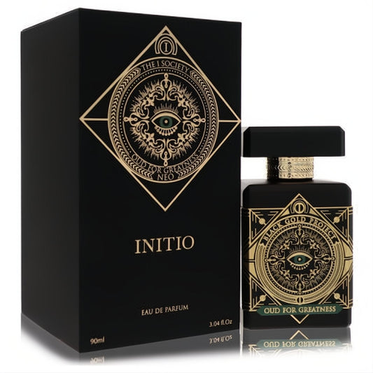 Initio Oud For Greatness Neo 3.04 oz unisex EDP. Striking black bottle and box featuring intricate gold eye motif.