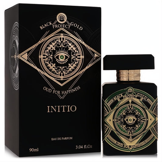Initio Oud For Happiness 3.04 oz EDP. Luxurious black and gold bottle with intricate green eye design and matching box.