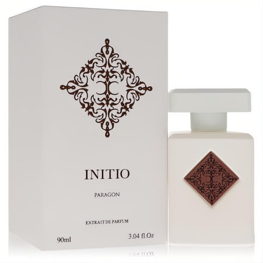 Luxurious Initio Paragon 3.04 oz unisex Extrait De Parfum. Elegant white matte bottle features a distinctive brown emblem.