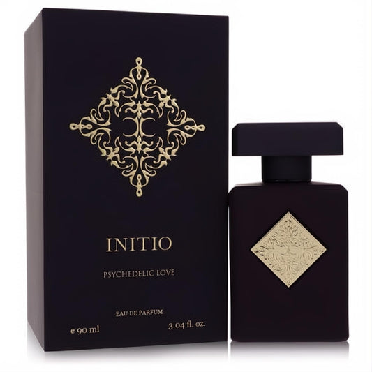 Initio Psychedelic Love 3.04 oz unisex Eau De Parfum. Dark purple bottle and box with a striking gold ornate emblem.